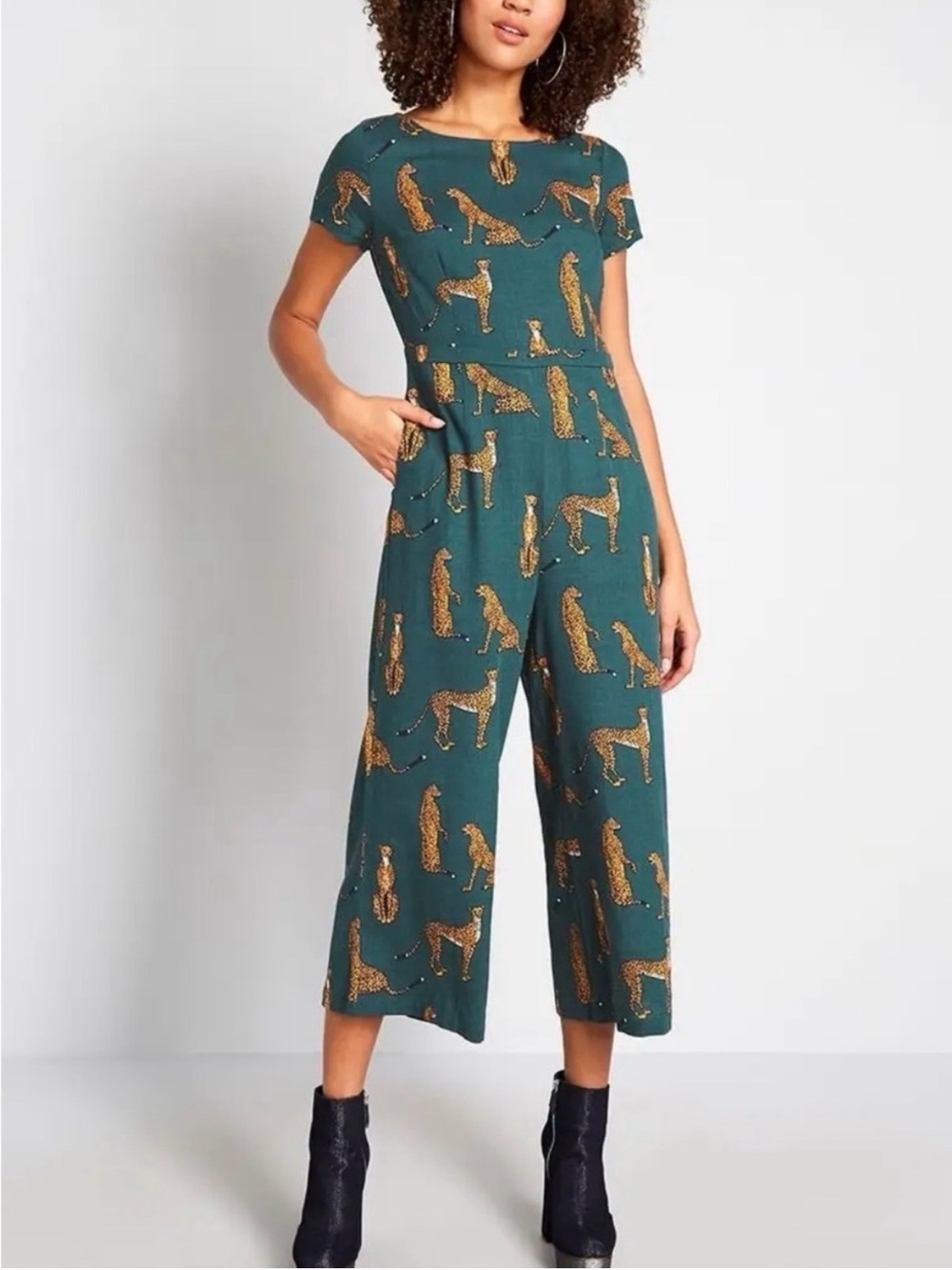 Modcloth Green Jumpsuit with Gold Cheetah Print
